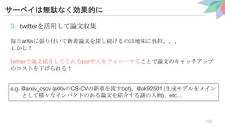 サーベイは無駄なく効果的に
3. twitterを活用して論文収集
毎日arXivに張り付いて新着論文を探し続けるのは地味に負担、、、
しかし！
twitterで論文紹介してくれるbotや人をフォローすることで論文のキャッチアップ
のコストを下げられる！
e.g. @arxiv_cscv (arXivのCS-CVの新着を流すbot)、@ak92501 (生成モデルをメイン
として様々なインパクトのある論文を紹介する謎の人物)、etc…
132
 