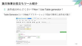 論文執筆お役立ちツール紹介
2. 表作成はめんどくさい？Non！Use Table generator！
Table GeneratorというWebアプリケーションでGUIで簡単に表作成可能！
140
 