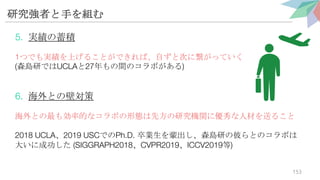 研究強者と手を組む
5. 実績の蓄積
1つでも実績を上げることができれば、自ずと次に繋がっていく
(森島研ではUCLAと27年もの間のコラボがある)
6. 海外との壁対策
海外との最も効率的なコラボの形態は先方の研究機関に優秀な人材を送ること
2018 UCLA、2019 USCでのPh.D. 卒業生を輩出し、森島研の彼らとのコラボは
大いに成功した (SIGGRAPH2018、CVPR2019、ICCV2019等)
153
 