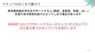 スタッフはあくまで裏方で
研究最前線の学生をサポートする人 (教授、准教授、助教、etc...)
の過干渉は研究の妨げとなってしまう場合があります
森島研においてサポートする人 (スタッフ) がどのように
立ち振る舞うかのノウハウを紹介します
156
 