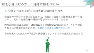 底を引き上げるか、出過ぎた杭を作るか
1. 全体レベルを上げるには先輩の犠牲は不可欠
研究室の平均レベルを上げるために、先輩から後輩への指導は必要不可欠
しかし、それは先輩自身の研究時間とのトレードオフとなる
2010年当時の森島研は、M1の8名全員がSIGGRAPHのポスターとして採択
されるほど成果が出ていたが、先輩たちの多くの犠牲があった
ある年度からM2以上の学生が不満を漏らし、スタイルの見直しが始まった
166
 