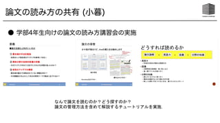 論文の読み方の共有 (小暮)
● 学部4年生向けの論文の読み方講習会の実施
なんで論文を読むのか？どう探すのか？
論文の管理方法を含めて解説するチュートリアルを実施.
 