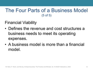 The Four Parts of a Business Model
(5 of 5)
Financial Viability
• Defines the revenue and cost structures a
business needs to meet its operating
expenses.
• A business model is more than a financial
model.
M. Neck, P. Neck, and Murray, Entrepreneurship: The Practice and Mindset, 2e. © SAGE Publications, 2020. 8
 