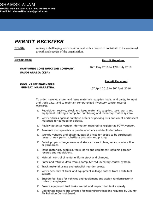 Cv permit receiver shams alam012
