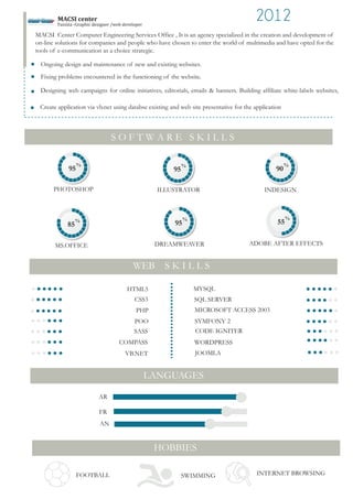 MACSI center 2012
Ongoing design and maintenance of new and existing websites.
Fixing problems encountered in the functioning of the website.
Designing web campaigns for online initiatives, editorials, emails & banners. Building affiliate white-labels websites,
Create application via vb.net using databse existing and web site presentative for the application
Tunisia -Graphic designer /web developer
MACSI Center Computer Engineering Services Office , It is an agency specialized in the creation and development of
on-line solutions for companies and people who have chosen to enter the world of multimedia and have opted for the
tools of e-communication as a choice strategic.
S O F T W A R E S K I L L S
95
%
95
%
90
%
PHOTOSHOP ILLUSTRATOR INDESIGN
85
%
MS.OFFICE
95
%
DREAMWEAVER
55
%
ADOBE AFTER EFFECTS
WEB S K I L L S
HTML5
CSS3
PHP
POO
SASS
COMPASS
VB.NET
MYSQL
SQL SERVER
MICROSOFT ACCESS 2003
SYMFONY 2
CODE IGNITER
WORDPRESS
JOOMLA
LANGUAGES
AR
FR
AN
HOBBIES
FOOTBALL SWIMMING INTERNET BROWSING
 