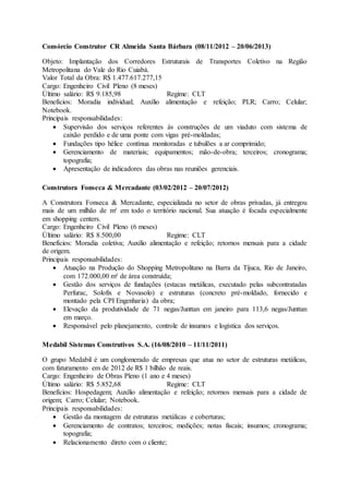 Consórcio Construtor CR Almeida Santa Bárbara (08/11/2012 – 20/06/2013)
Objeto: Implantação dos Corredores Estruturais de Transportes Coletivo na Região
Metropolitana do Vale do Rio Cuiabá.
Valor Total da Obra: R$ 1.477.617.277,15
Cargo: Engenheiro Civil Pleno (8 meses)
Último salário: R$ 9.185,98 Regime: CLT
Benefícios: Moradia individual; Auxílio alimentação e refeição; PLR; Carro; Celular;
Notebook.
Principais responsabilidades:
 Supervisão dos serviços referentes às construções de um viaduto com sistema de
caixão perdido e de uma ponte com vigas pré-moldadas;
 Fundações tipo hélice contínua monitoradas e tubulões a ar comprimido;
 Gerenciamento de materiais; equipamentos; mão-de-obra; terceiros; cronograma;
topografia;
 Apresentação de indicadores das obras nas reuniões gerenciais.
Construtora Fonseca & Mercadante (03/02/2012 – 20/07/2012)
A Construtora Fonseca & Mercadante, especializada no setor de obras privadas, já entregou
mais de um milhão de m² em todo o território nacional. Sua atuação é focada especialmente
em shopping centers.
Cargo: Engenheiro Civil Pleno (6 meses)
Último salário: R$ 8.500,00 Regime: CLT
Benefícios: Moradia coletiva; Auxílio alimentação e refeição; retornos mensais para a cidade
de origem.
Principais responsabilidades:
 Atuação na Produção do Shopping Metropolitano na Barra da Tijuca, Rio de Janeiro,
com 172.000,00 m² de área construída;
 Gestão dos serviços de fundações (estacas metálicas, executado pelas subcontratadas
Perfurac, Solofix e Novasolo) e estruturas (concreto pré-moldado, fornecido e
montado pela CPI Engenharia) da obra;
 Elevação da produtividade de 71 negas/Junttan em janeiro para 113,6 negas/Junttan
em março.
 Responsável pelo planejamento, controle de insumos e logística dos serviços.
Medabil Sistemas Construtivos S.A. (16/08/2010 – 11/11/2011)
O grupo Medabil é um conglomerado de empresas que atua no setor de estruturas metálicas,
com faturamento em de 2012 de R$ 1 bilhão de reais.
Cargo: Engenheiro de Obras Pleno (1 ano e 4 meses)
Último salário: R$ 5.852,68 Regime: CLT
Benefícios: Hospedagem; Auxílio alimentação e refeição; retornos mensais para a cidade de
origem; Carro; Celular; Notebook.
Principais responsabilidades:
 Gestão da montagem de estruturas metálicas e coberturas;
 Gerenciamento de contratos; terceiros; medições; notas fiscais; insumos; cronograma;
topografia;
 Relacionamento direto com o cliente;
 