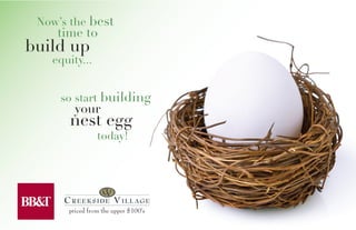 Now’s the best
    time to
build up
   equity...


     so start building
        your
       nest egg
                today!




      priced from the upper $100’s
 