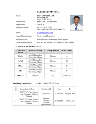CURRICULUM VITAE
Name : JAGTAP PRASHANT
PRABHAKAR
(M. Sc., M.Phil., Ph. D.)
Designation : ASSISTANT PROFESSOR
Department : PHYSICS
Contact Number/s : (O) +912565-229576
(M)+91-9970961755/+91-7038442779
Email : p22jagtap@gmail.com
Area of Specialization : Physics with Electronics.
Research Area : Material science, Condensed matter physics.
Address (Residential) : Villa No. 44, NRI VILLAS, MALONI, SHAHADA.
ACADEMIC QUALIFICATION
Examination
Passed
Board/ University Group/ Subject Class/Grade
Ph.D.
North Maharashtra
University, Jalgaon
Physics --
M.Phil.
North Maharashtra
University, Jalgaon
Physics O
M.Sc.
North Maharashtra
University, Jalgaon
Physics B+
B.Sc.
North Maharashtra
University, Jalgaon
Physics B+
MS-CIT MSBTE IT First class
Teaching Experience : UG: 14 Years, PG: 10 Years.
Sr.
No.
Name of the College Position held From To
1
PSGVPM’s Arts, Science
and Commerce College,
Shahada
Contractual 21.09.2008 30 April 2009
2
PSGVPM’s Arts, Science
and Commerce College,
Shahada
Assistant
Professor
(Regular
appointment)
24.07.2009 Till this date
 
