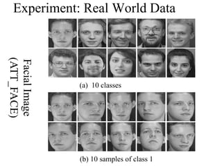 Experiment: Real World Data
(ATT_FACE)
Facial Image




               (a) 10 classes




               (b) 10 samples of class 1
 