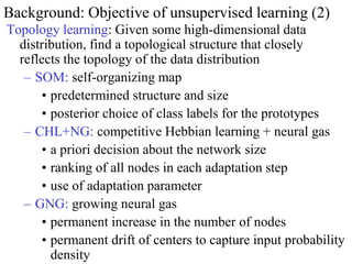 Background: Objective of unsupervised learning (2)
Topology learning: Given some high-dimensional data
  distribution, find a topological structure that closely
  reflects the topology of the data distribution
   – SOM: self-organizing map
       • predetermined structure and size
       • posterior choice of class labels for the prototypes
   – CHL+NG: competitive Hebbian learning + neural gas
       • a priori decision about the network size
       • ranking of all nodes in each adaptation step
       • use of adaptation parameter
   – GNG: growing neural gas
       • permanent increase in the number of nodes
       • permanent drift of centers to capture input probability
         density
 
