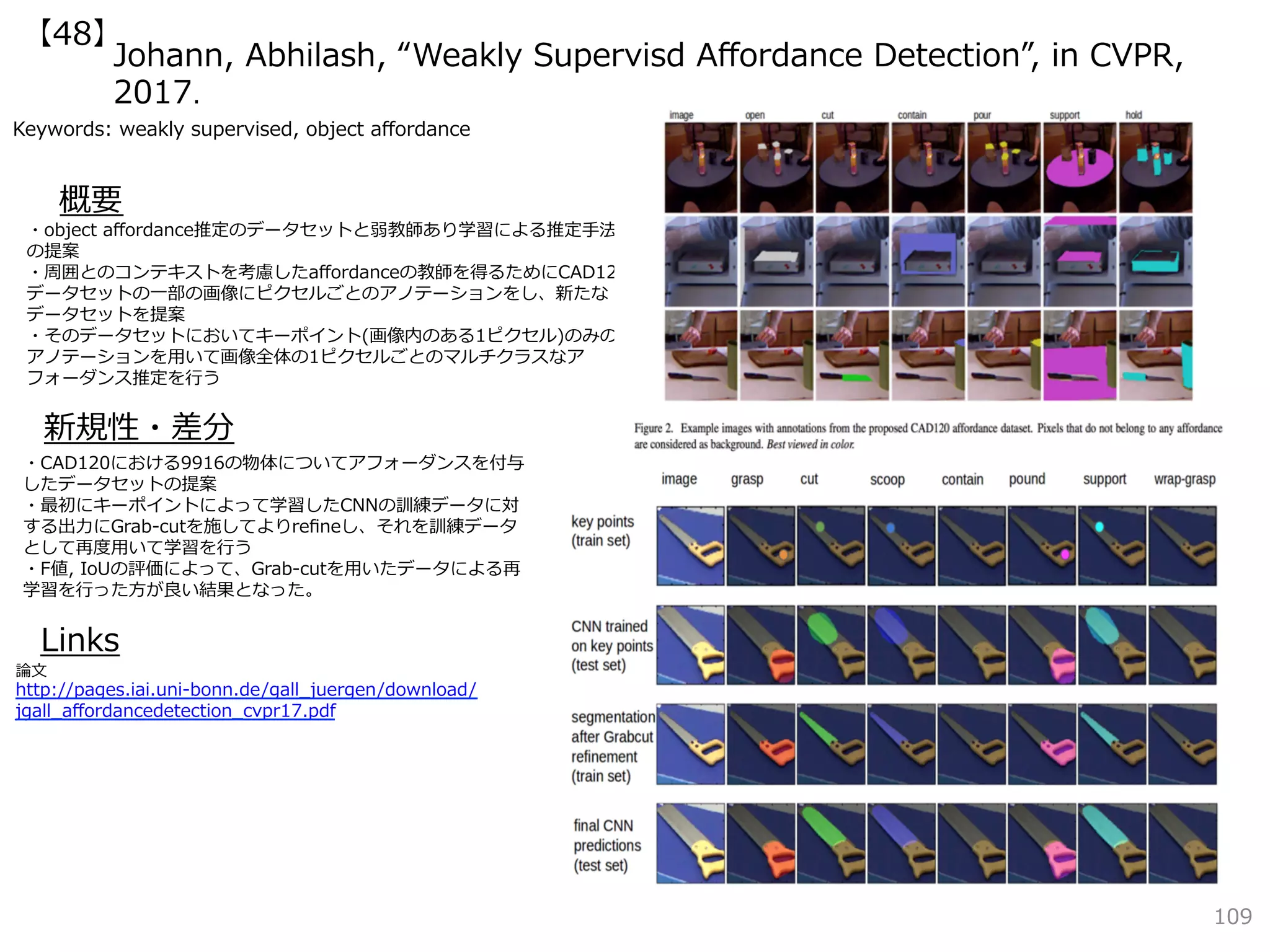 Johann, Abhilash, “Weakly Supervisd Aﬀordance Detection”, in CVPR,
2017.
Keywords: weakly supervised, object aﬀordance
新規性・差分
概要
・object aﬀordance推定のデータセットと弱教師あり学習による推定⼿法
の提案
・周囲とのコンテキストを考慮したaﬀordanceの教師を得るためにCAD120
データセットの⼀部の画像にピクセルごとのアノテーションをし、新たな
データセットを提案
・そのデータセットにおいてキーポイント(画像内のある1ピクセル)のみの
アノテーションを⽤いて画像全体の1ピクセルごとのマルチクラスなア
フォーダンス推定を⾏う
・CAD120における9916の物体についてアフォーダンスを付与
したデータセットの提案
・最初にキーポイントによって学習したCNNの訓練データに対
する出⼒にGrab-cutを施してよりreﬁneし、それを訓練データ
として再度⽤いて学習を⾏う
・F値, IoUの評価によって、Grab-cutを⽤いたデータによる再
学習を⾏った⽅が良い結果となった。
Links
論⽂
http://pages.iai.uni-bonn.de/gall_juergen/download/
jgall_aﬀordancedetection_cvpr17.pdf
109
【48】
 