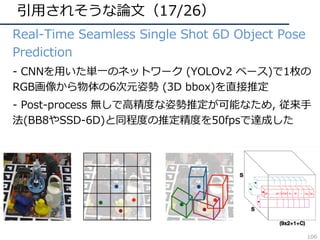 引⽤されそうな論⽂（17/26）
• Real-Time Seamless Single Shot 6D Object Pose
Prediction
• - CNNを⽤いた単⼀のネットワーク (YOLOv2 ベース)で1枚の
RGB画像から物体の6次元姿勢 (3D bbox)を直接推定
• - Post-process 無しで⾼精度な姿勢推定が可能なため, 従来⼿
法(BB8やSSD-6D)と同程度の推定精度を50fpsで達成した
106
 