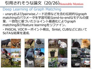 引⽤されそうな論⽂（20/26）
Deep Learning of Graph Matching
- unaryおよびpairwiseノード近傍などを含む伝統的なgraph
matchingのパラメータを学習可能なend-to-endなモデルの提
案．⼀致性に基づいたジョイント最適化によりgraph
matching及びfeature learningをリファイン．
- PASCAL VOCキーポイント検出，Sintel, CUBなどにおいて
SoTAな結果を達成.
Honorable Mention
109
 