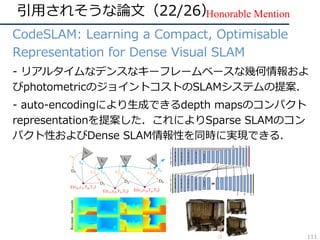 引⽤されそうな論⽂（22/26）
• CodeSLAM: Learning a Compact, Optimisable
Representation for Dense Visual SLAM
• - リアルタイムなデンスなキーフレームベースな幾何情報およ
びphotometricのジョイントコストのSLAMシステムの提案．
• - auto-encodingにより⽣成できるdepth mapsのコンパクト
representationを提案した．これによりSparse SLAMのコン
パクト性およびDense SLAM情報性を同時に実現できる．
Honorable Mention
111
 