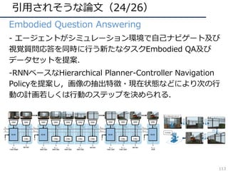 引⽤されそうな論⽂（24/26）
• Embodied Question Answering
• - エージェントがシミュレーション環境で⾃⼰ナビゲート及び
視覚質問応答を同時に⾏う新たなタスクEmbodied QA及び
データセットを提案．
• -RNNベースなHierarchical Planner-Controller Navigation
Policyを提案し，画像の抽出特徴・現在状態などにより次の⾏
動の計画若しくは⾏動のステップを決められる．
113
 