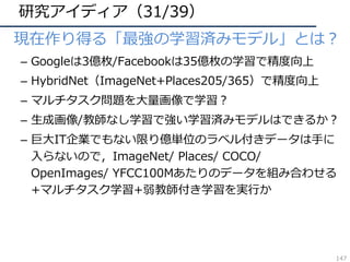 研究アイディア（31/39）
• 現在作り得る「最強の学習済みモデル」とは？
– Googleは3億枚/Facebookは35億枚の学習で精度向上
– HybridNet（ImageNet+Places205/365）で精度向上
– マルチタスク問題を⼤量画像で学習？
– ⽣成画像/教師なし学習で強い学習済みモデルはできるか？
– 巨⼤IT企業でもない限り億単位のラベル付きデータは⼿に
⼊らないので，ImageNet/ Places/ COCO/
OpenImages/ YFCC100Mあたりのデータを組み合わせる
+マルチタスク学習+弱教師付き学習を実⾏か
147
 