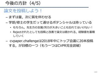 今後の⽅針（4/5）
• 論⽂を投稿しよう！
– まずは量，次に質を伴わせる
– 学部/修⼠の学⽣だって通せるポテンシャルは持っている
• もちろん，先⽣⽅の⽀援/労⼒が⼤きいことも忘れてはいけない！
• Rejectされたとしても投稿と改善で論⽂は磨かれる，経験値を蓄積
していく
– cvpaper.challengeは2018年中にトップ会議に20本投稿
する，が⽬標の⼀つ（もう⼀つはCVPR完全読破）
160
 
