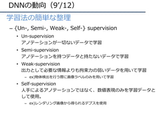 DNNの動向（9ʼ/12）
• 学習法の簡単な整理
– {Un-, Semi-, Weak-, Self-} supervision
• Un-supervision
アノテーションが⼀切ないデータで学習
• Semi-supervision
アノテーションを持つデータと持たないデータで学習
• Weak-supervision
出⼒として必要な情報よりも拘束⼒の弱いデータを⽤いて学習
– ex)物体検出を⾏う際に画像ラベルのみを⽤いて学習
• Self-supervision
⼈⼿によるアノテーションではなく、数値表現のみを学習データと
して使⽤。
– ex)レンダリング画像から得られるデプスを使⽤
 