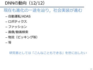 DNNの動向（12/12）
• 現在も進化の⼀途を辿り，社会実装が進む
– ⾃動運転/ADAS
– ロボティクス
– ファッション
– 画像/動画検索
– 物流（ピッキング等）
– 等
研究者としては「こんなこともできる」を世に出したい
20
 