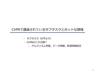 CVPRで議論されているサブタスクとホットな領域
- サブタスク（CFPより）
- CVPRの三⼤分類？
- アルゴリズム考案，データ問題，新規問題設定
21
 