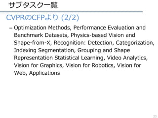 サブタスク⼀覧
• CVPRのCFPより (2/2)
– Optimization Methods, Performance Evaluation and
Benchmark Datasets, Physics-based Vision and
Shape-from-X, Recognition: Detection, Categorization,
Indexing Segmentation, Grouping and Shape
Representation Statistical Learning, Video Analytics,
Vision for Graphics, Vision for Robotics, Vision for
Web, Applications
23
 