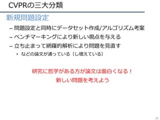 CVPRの三⼤分類
• 新規問題設定
– 問題設定と同時にデータセット作成/アルゴリズム考案
– ベンチマーキングにより新しい視点を与える
– ⽴ち⽌まって網羅的解析により問題を⾒直す
• などの論⽂が通っている（し増えている）
研究に哲学がある⽅が論⽂は⾯⽩くなる！
新しい問題を考えよう
26
 