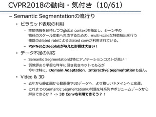 CVPR2018の動向・気付き（10/61）
– Semantic Segmentationの流⾏り
• ピラミッド表現の利⽤
– 空間情報を保持しつつglobal contextを抽出し、シーン中の
物体のスケール変動へ対応するための、multi-scaleな特徴抽出を⾏う
複数のdilated rateによるdilated convが利⽤されている。
– PSPNetとDeeplabが与えた影響は⼤きい！
• データ不⾜の対応
– Semantic Segmentationは特にアノテーションコストが⾼い！
– 弱教師あり学習も昨年に引き続きホットであるが
今年は特に、Domain Adaptation、Interactive Segmentationも盛ん。
• Video & 3D
– 去年から静⽌画から動画像や3Dデータへ、より難しいドメインへと変遷。
– これまでのSemantic Segmentationの問題を時系列やボリュームデータから
解決できるか？ -> 3D Convも利⽤できそう？！
 