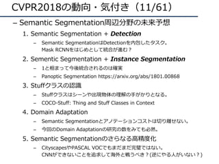 CVPR2018の動向・気付き（11/61）
– Semantic Segmentation周辺分野の未来予想
1. Semantic Segmentation + Detection
– Semantic SegmentationはDetectionを内包したタスク。
Mask RCNNをはじめとして統合が進む？
2. Sementic Segmentation + Instance Segmentation
– 1と相まって今後統合されるのは確実
– Panoptic Segmentation https://arxiv.org/abs/1801.00868
3. Stuffクラスの認識
– Stuffクラスはシーンや出現物体の理解の⼿がかりとなる。
– COCO-Stuff: Thing and Stuff Classes in Context
4. Domain Adaptation
– Semantic Segmentationとアノテーションコストは切り離せない。
– 今回のDomain Adaptationの研究の数をみても必然。
5. Semantic Segmentationのさらなる⾼精度化
– CityscapesやPASCAL VOCでもまだまだ完璧ではない。
CNNができないことを追求して海外と戦うべき？(逆にやる⼈がいない？)
 