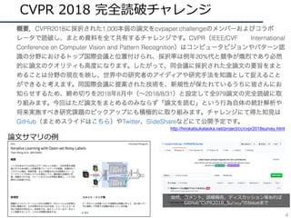 CVPR 2018 完全読破チャレンジ
http://hirokatsukataoka.net/project/cc/cvpr2018survey.html
論⽂サマリの例
質問，コメント，誤植報告，ディスカッション等あれば
GitHub”CVPR2018_Survey”のIssueまで
4
 