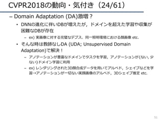 CVPR2018の動向・気付き（24/61）
– Domain Adaptation (DA)激増？
• DNNの進化に伴いDBが増えたが，ドメインを超えた学習や収集が
困難なDBが存在
– ex) 実画像に対する完璧なデプス、同⼀照明環境における顔画像 etc.
• そんな時は教師なしDA (UDA; Unsupervised Domain
Adaptation)で解決！
– アノテーションが豊富なドメインでタスクを学習，アノテーションが{ない, 少
ない}ドメイン学習に利⽤
– ex) レンダリングされた3D顔合成データを⽤いてアルベド，シェイプなどを学
習→アノテーションが⼀切ない実顔画像のアルベド，3Dシェイプ推定 etc.
51
 