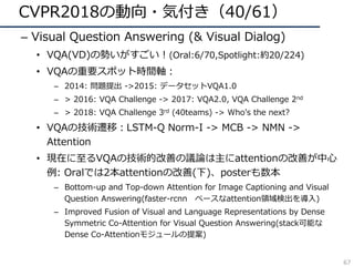 CVPR2018の動向・気付き（40/61）
– Visual Question Answering (& Visual Dialog)
• VQA(VD)の勢いがすごい！(Oral:6/70,Spotlight:約20/224)
• VQAの重要スポット時間軸：
– 2014: 問題提出 ->2015: データセットVQA1.0
– > 2016: VQA Challenge -> 2017: VQA2.0, VQA Challenge 2nd
– > 2018: VQA Challenge 3rd (40teams) -> Whoʼs the next?
• VQAの技術遷移：LSTM-Q Norm-I -> MCB -> NMN ->
Attention
• 現在に⾄るVQAの技術的改善の議論は主にattentionの改善が中⼼
例: Oralでは2本attentionの改善(下)、posterも数本
– Bottom-up and Top-down Attention for Image Captioning and Visual
Question Answering(faster-rcnn ベースなattention領域検出を導⼊)
– Improved Fusion of Visual and Language Representations by Dense
Symmetric Co-Attention for Visual Question Answering(stack可能な
Dense Co-Attentionモジュールの提案)
67
 