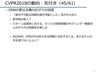 CVPR2018の動向・気付き（45/61）
– DNNの更なる横の広がりの加速
• 「微分不可能な問題を微分可能にした」系がちらほら
• 数学勢の参⼊？
• パターン認識系における，かつての現実問題のモデリング→精度向
上のやり⽅の雰囲気を感じる
• AI(DNN）が世の中のあらゆる問題に対応するには，まだまだ⼈の
⼿を借りないとムリ？
72
 