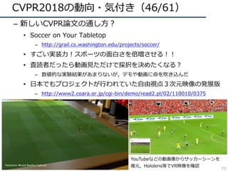 CVPR2018の動向・気付き（46/61）
– 新しいCVPR論⽂の通し⽅？
• Soccer on Your Tabletop
– http://grail.cs.washington.edu/projects/soccer/
• すごい実装⼒！スポーツの⾯⽩さを倍増させる！！
• 査読者だったら動画⾒ただけで採択を決めたくなる？
– 数値的な実験結果があまりないが，デモや動画に命を吹き込んだ
• ⽇本でもプロジェクトが⾏われていた⾃由視点３次元映像の発展版
– http://www2.coara.or.jp/cgi-bin/demo/read2.pl/02/110010/0375
YouTubeなどの動画像からサッカーシーンを
復元，Hololens等でVR映像を確認
73
 
