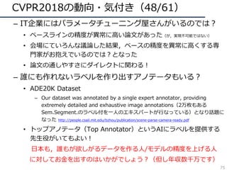 CVPR2018の動向・気付き（48/61）
– IT企業にはパラメータチューニング屋さんがいるのでは？
• ベースラインの精度が異常に⾼い論⽂があった（が，実現不可能ではない）
• 会場にていろんな議論した結果，ベースの精度を異常に⾼くする専
⾨家がお抱えでいるのでは？となった
• 論⽂の通しやすさにダイレクトに関わる！
– 誰にも作れないラベルを作り出すアノテータもいる？
• ADE20K Dataset
– Our dataset was annotated by a single expert annotator, providing
extremely detailed and exhaustive image annotations（2万枚もある
Sem.Segment.のラベル付を⼀⼈のエキスパートが⾏なっている）となり話題に
なった http://people.csail.mit.edu/bzhou/publication/scene-parse-camera-ready.pdf
• トップアノテータ（Top Annotator）というAIにラベルを提供する
先⽣役がいてもよい！
⽇本も，誰もが欲しがるデータを作る⼈/モデルの精度を上げる⼈
に対してお⾦を出すのはいかがでしょう？（但し年収数千万です）
75
 