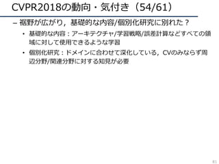 CVPR2018の動向・気付き（54/61）
– 裾野が広がり，基礎的な内容/個別化研究に別れた？
• 基礎的な内容：アーキテクチャ/学習戦略/誤差計算などすべての領
域に対して使⽤できるような学習
• 個別化研究：ドメインに合わせて深化している，CVのみならず周
辺分野/関連分野に対する知⾒が必要
81
 