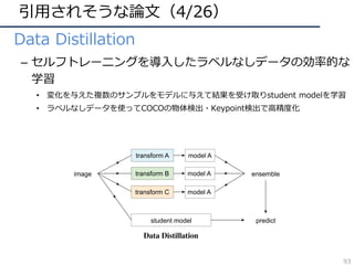 引⽤されそうな論⽂（4/26）
• Data Distillation
– セルフトレーニングを導⼊したラベルなしデータの効率的な
学習
• 変化を与えた複数のサンプルをモデルに与えて結果を受け取りstudent modelを学習
• ラベルなしデータを使ってCOCOの物体検出・Keypoint検出で⾼精度化ng He
ensemble
predict
l´ar Ross Girshick Georgia Gkioxari Kaiming He
cebook AI Research (FAIR)
g, a special
he learner ex-
scale sources
ng is lower-
datasets, of-
t fully super-
d setting, we
mbles predic-
led data, us-
new training
models have
w possible to
lenging real-
t in the cases
ect detection,
tillation sur-
m the COCO
model A
model B
model C
image ensemble
student model predict
Model Distillation
student model predict
ensembleimage
transform A model A
transform B
transform C
Data Distillation
model A
model A
Figure 1. Model Distillation [18] vs. Data Distillation. In data
distillation, ensembled predictions from a single model applied to 93
 
