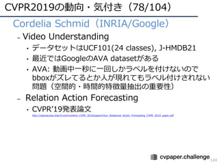 CVPR2019の動向・気付き（78/104）
124
• Cordelia Schmid（INRIA/Google）
– Video Understanding
• データセットはUCF101(24 classes), J-HMDB21
• 最近ではGoogleのAVA datasetがある
• AVA: 動画中⼀秒に⼀回しかラベルを付けないので
bboxがズレてるとか⼈が現れてもラベル付けされない
問題（空間的・時間的特徴量抽出の重要性）
– Relation Action Forecasting
• CVPRʼ19発表論⽂
http://openaccess.thecvf.com/content_CVPR_2019/papers/Sun_Relational_Action_Forecasting_CVPR_2019_paper.pdf
 