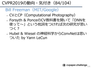 CVPR2019の動向・気付き（84/104）
130
• Bill Freeman（MIT/Google）
– CVとCP（Computational Photography）
– Forsyth & PonceのCV教科書を開いて「DNNを
使って〜」という枕詞をつければ次の研究が思い
つく？
– Hubel & Wiesel の神経科学からConvNetは思い
ついた by Yann LeCun
 
