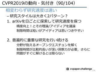 CVPR2019の動向・気付き（90/104）
136
• 相変わらず研究速度は速い
– 研究スタイルは⼤きく2パターン？
1. arXivを⽇ごとに探索して研究速度を保つ
精度向上！とその理論/アイディアを議論
制限時間は短いがアイディアは思いつきやすい
2. 普遍的に重要な研究を⾏い続ける
分野が抱えるオープンクエスチョンを解く
制限時間が⽐較的⻑いが深い洞察⼒が必要，さらに
問題がすぐに解けるとは限らない
 