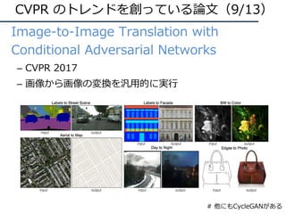 • Image-to-Image Translation with
Conditional Adversarial Networks
– CVPR 2017
– 画像から画像の変換を汎⽤的に実⾏
CVPR のトレンドを創っている論⽂（9/13）
# 他にもCycleGANがある
 