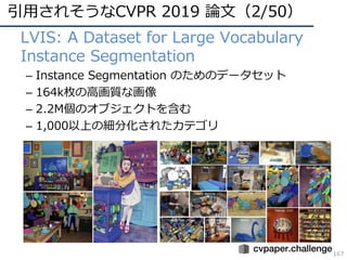 引⽤されそうなCVPR 2019 論⽂（2/50）
167
• LVIS: A Dataset for Large Vocabulary
Instance Segmentation
– Instance Segmentation のためのデータセット
– 164k枚の⾼画質な画像
– 2.2M個のオブジェクトを含む
– 1,000以上の細分化されたカテゴリ
 