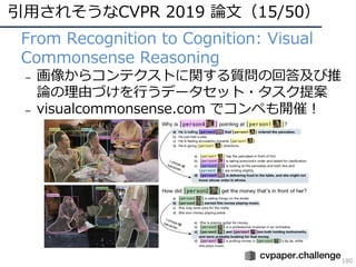 引⽤されそうなCVPR 2019 論⽂（15/50）
180
• From Recognition to Cognition: Visual
Commonsense Reasoning
– 画像からコンテクストに関する質問の回答及び推
論の理由づけを⾏うデータセット・タスク提案
– visualcommonsense.com でコンペも開催！
 