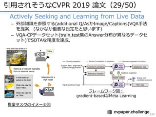 引⽤されそうなCVPR 2019 論⽂（29/50）
194
• Actively Seeking and Learning from Live Data
– 外部知識を参照する(additional Q/AsかImage/Captions)VQA⼿法
を提案．(なかなか重要な設定だと思います)
– VQA-CPデータセット(train,test集のAnswer分布が異なるデータセ
ット)でSOTAな精度を達成.
提案タスクのイメージ図
フレームワーク図：
gradient-basedなMeta Learning
 