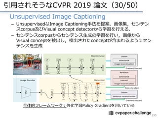 引⽤されそうなCVPR 2019 論⽂（30/50）
195
• Unsupervised Image Captioning
– UnsupervisedなImage Captioning⼿法を提案．画像集，センテン
スcorpus及びVisual concept detectorから学習を⾏える．
– センテンスcorpusからセンテンス⽣成の学習を⾏い，画像から
Visual conceptを検出し，検出されたconceptが含まれるようにセン
テンスを⽣成
全体的フレームワーク：強化学習Policy Gradientを⽤いている
 