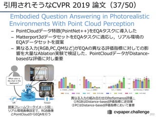 引⽤されそうなCVPR 2019 論⽂（37/50）
202
• Embodied Question Answering in Photorealistic
Environments With Point Cloud Perception
– PointCloudデータ特徴(PointNet++)をEQAタスクに導⼊した
– Matterport3dデータセットをEQAタスクに適応し，リアル環境の
EQAデータセットを提案
– 異なる⼊⼒(RGB,PC,QMなど)がEQAの異なる評価指標に対しての影
響を⼤量なAblation実験で検証した．PointCloudデータがDistance-
basedな評価に対し重要
提案フレームワークイメージ図：
リアル環境画像設定で，RGB画像
とPointCloudからEQAを⾏う
異なる⼊⼒の組み合わせのPerformance評価：
①RGBはDistance-based評価指標に逆効果
②PCはDistance-based評価指標において重要
 