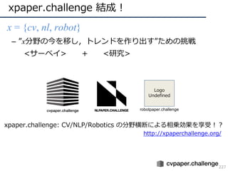 xpaper.challenge 結成！
227
• x = {cv, nl, robot}
– ”x分野の今を移し，トレンドを作り出す”ための挑戦
<サーベイ> + <研究>
xpaper.challenge: CV/NLP/Robotics の分野横断による相乗効果を享受！？
robotpaper.challenge
Logo
Undefined
http://xpaperchallenge.org/
 