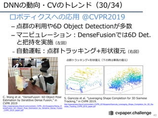 DNNの動向・CVのトレンド（30/34）
40
• ロボティクスへの応⽤ @CVPR2019
– 点群の利⽤や6D Object Detectionが多数
– マニピュレーション：DenseFusionでは6D Det.
と把持を実施（左図）
– ⾃動運転：点群トラッキング+形状復元（右図）
C. Wang et al. “DenseFusion: 6D Object Pose
Estimation by Iteratibve Dense Fusion,” in
CVPR 2019
http://openaccess.thecvf.com/content_CVPR_2019/papers/Wang_D
enseFusion_6D_Object_Pose_Estimation_by_Iterative_Dense_Fusion
_CVPR_2019_paper.pdf
S. Giancola et al. “Leveraging Shape Completion for 3D Siamese
Tracking,” in CVPR 2019.
http://openaccess.thecvf.com/content_CVPR_2019/papers/Giancola_Leveraging_Shape_Completion_for_3D_Sia
mese_Tracking_CVPR_2019_paper.pdf
点群トラッキング+形状復元（下の例は⾞両の復元）
 