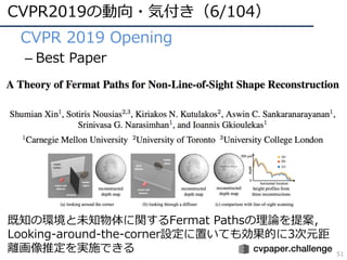 CVPR2019の動向・気付き（6/104）
51
• CVPR 2019 Opening
– Best Paper
既知の環境と未知物体に関するFermat Pathsの理論を提案，
Looking-around-the-corner設定に置いても効果的に3次元距
離画像推定を実施できる
 
