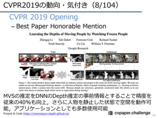 CVPR2019の動向・気付き（8/104）
54
• CVPR 2019 Opening
– Best Paper Honorable Mention
MVSの推定をDNNのDepth推定の事前情報とすることで精度を
従来の40%も向上，さらに⼈物を静⽌した状態で空間を動作可
能，アプリケーションとしても多数使⽤可能
Project & Code https://mannequin-depth.github.io/
 