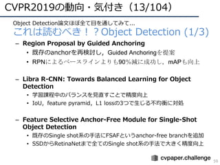 CVPR2019の動向・気付き（13/104）
59
• Object Detection論⽂ほぼ全て⽬を通してみて...
• これは読むべき！？Object Detection (1/3)
– Region Proposal by Guided Anchoring
• 既存のanchorを再検討し，Guided Anchoringを提案
• RPNによるベースラインよりも90％減に成功し，mAPも向上
– Libra R-CNN: Towards Balanced Learning for Object
Detection
• 学習課程中のバランスを⾒直すことで精度向上
• IoU，feature pyramid，L1 lossの3つで⽣じる不均衡に対処
– Feature Selective Anchor-Free Module for Single-Shot
Object Detection
• 既存のSingle shot系の⼿法にFSAFというanchor-free branchを追加
• SSDからRetinaNetまで全てのSingle shot系の⼿法で⼤きく精度向上
 